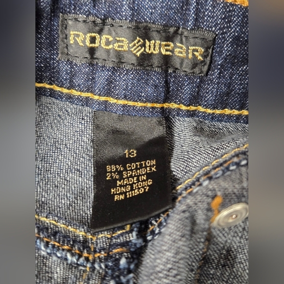 Rocawear 13 Jeans Straight Leg Gold Sequins Embroidered Logo 5 Picket Zip Fly - Picture 3 of 4